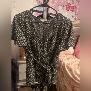 Blush J Navy Floral Tie Waist Wrap Blouse Women's Large